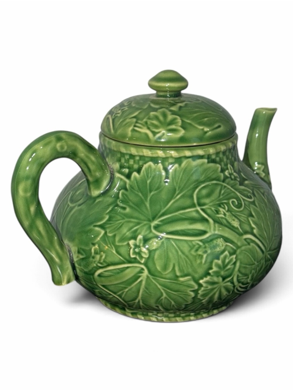 Authentic Vintage Bordallo Pinheiro Portugal Green Geranium Vine Teapot